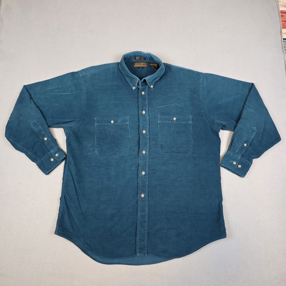 Vintage Eddie Bauer Corduroy Shirt Mens Large Blue Teal Button Down Casual 90's‎